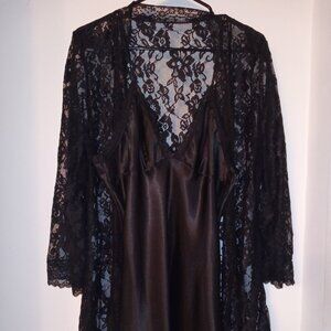 Luxury Black Lace Kimono Robe & Satin Nightgown Set M | Sexy Sleepwear